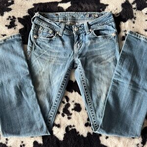 Miss Me Blue Boot Cut Jeans with Vintage Distressing
